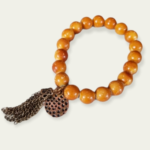 Hand Crafted Jewelry - Hand Crafted Boho Beaded Gold Tone Charm Stretch Bracelet